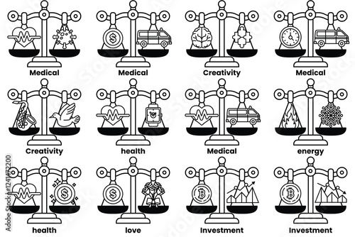 Set of illustrations in the concept of scales and various things in line drawing style