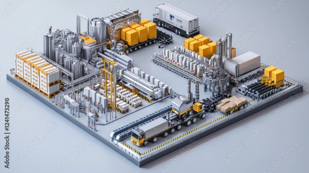 Factory isometric 3D model, logistics, production, transport, warehouse, gray background, industrial illustration Factory isometric 3D model, logistics, production, transport, warehouse, gray background, industrial illustration