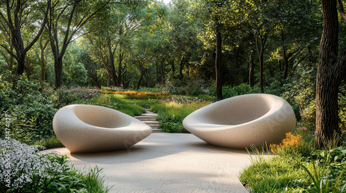 Futuristic park with self powered kinetic benches surrounded by greenery photo