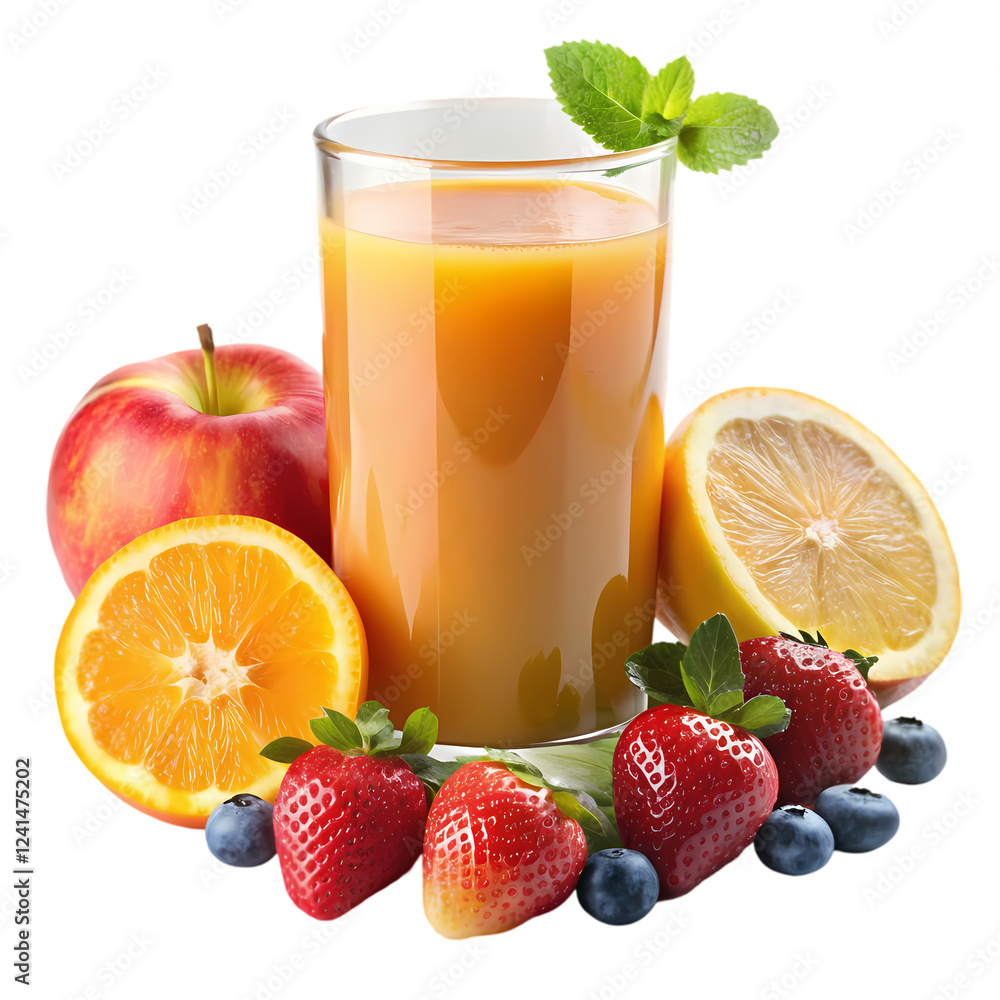 Fototapeta premium Refreshing mixed fruit juice with apple orange lemon and strawberries red on transparent background