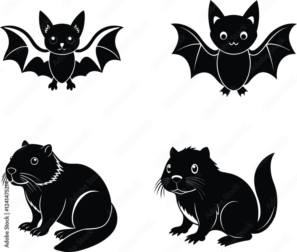 Fototapeta premium A cute baby Bat and Beaver silhouette illustration.