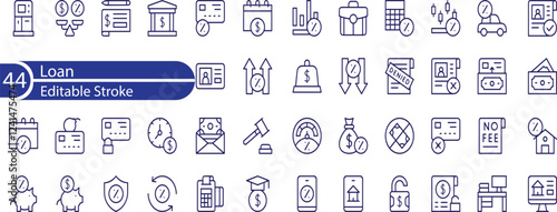 Loan set of web icons in line style. Loan and Credit linear icon collection. Containing loan, money, credit rating, business, leasing, interest, calculator, income, banking and more.