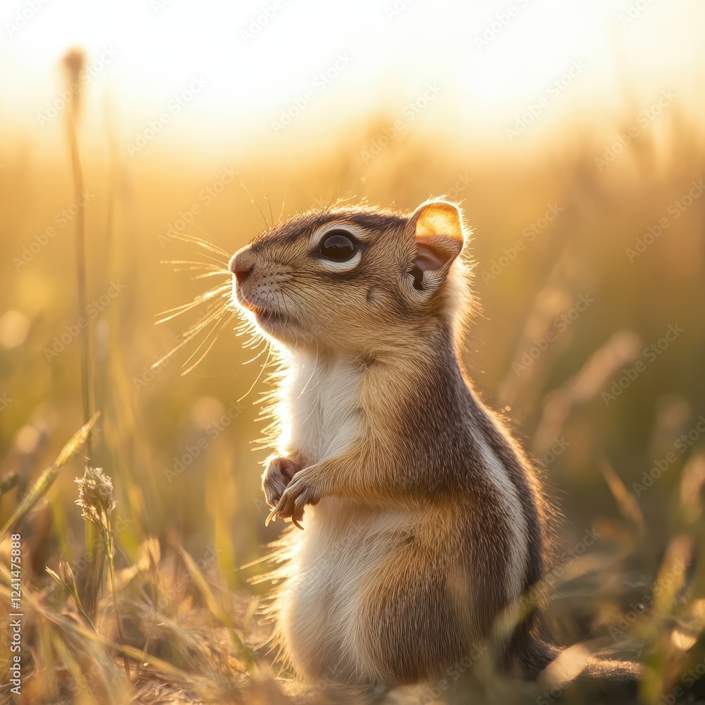 A small rodent, possibly a chipmunk, stands on its hind legs in a sunlit field, bathed in the golden hour light. A small rodent, possibly a chipmunk, stands on its hind legs in a sunlit field, bathed in the golden hour light.