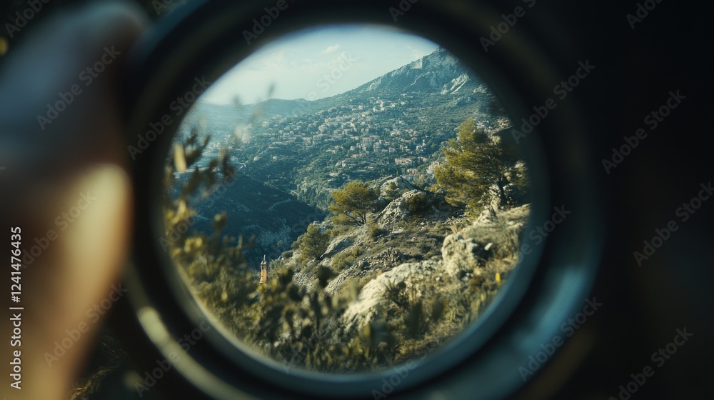 Mountain village viewed through lens, hand holding, sunny day, travel blog Mountain village viewed through lens, hand holding, sunny day, travel blog