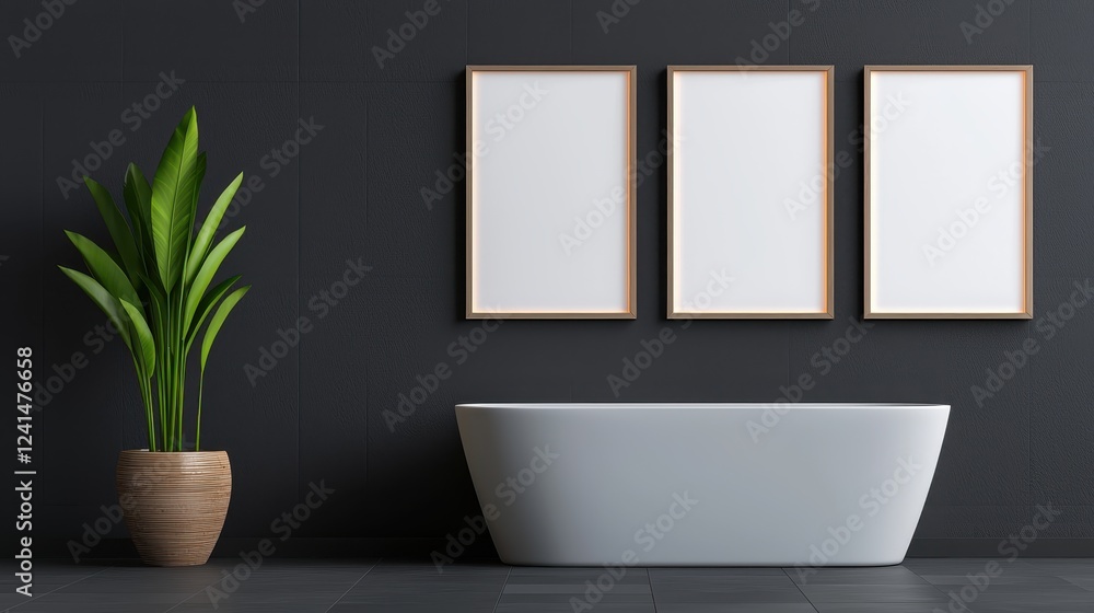A modern bathroom featuring a sleek tub, empty frames, and a stylish plant for a touch of nature. A modern bathroom featuring a sleek tub, empty frames, and a stylish plant for a touch of nature.