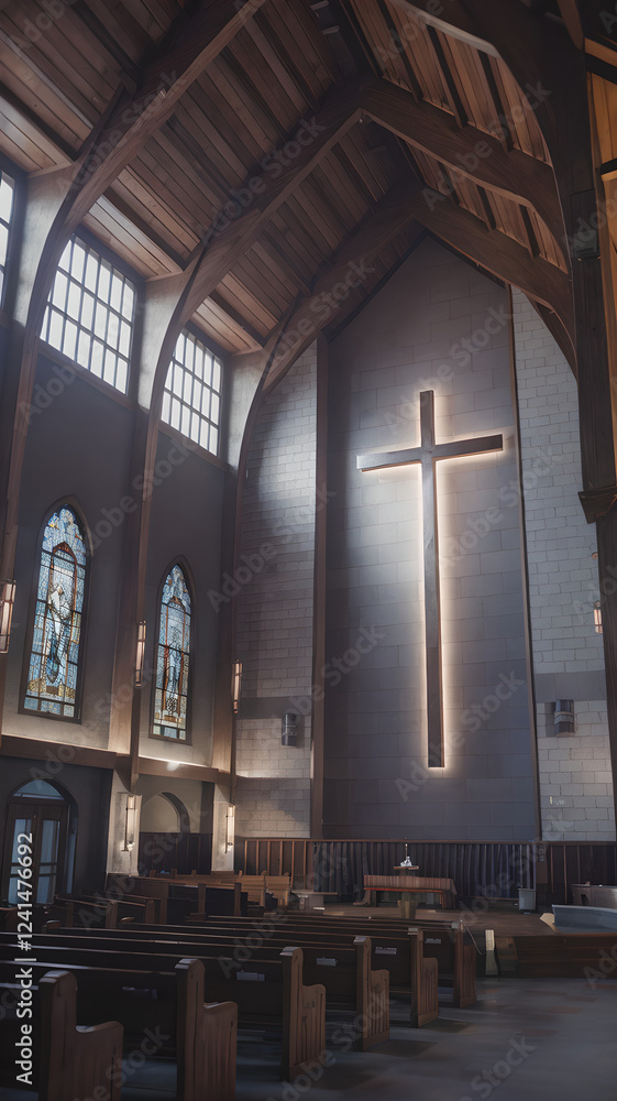 Fototapeta premium Interior de iglesia con gran cruz iluminada ambiente calmado lleno de paz.