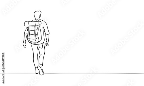 Male person go far away walk alone outdoor life, continuous line art drawing isolated on white background. Loneliness while walking. Vector illustration