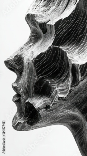 A fierce black-and-white sculpture viewed from the side, its bold energy and intricate texture enhanced by a 55mm lens. photo