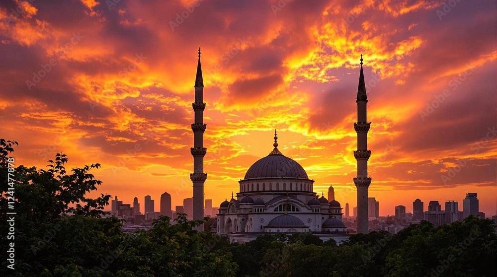 Obraz premium Majestic Mosque at Sunset with Grand Dome and Minarets Silhouetted Against Vibrant Sky, Framed by Lush Greenery and a Modern City Skyline in the Background