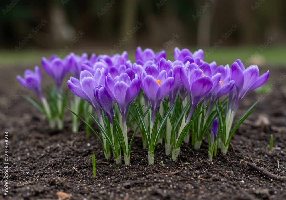 Group of Purple Crocuses Blooming in Springtime Group of Purple Crocuses Blooming in Springtime
