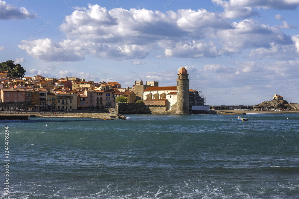 Waterfront buildings, Notre Dame des Anges church, Saint Vincent chapel and harbour,  Collioure, Pyrenees-Orientales, France