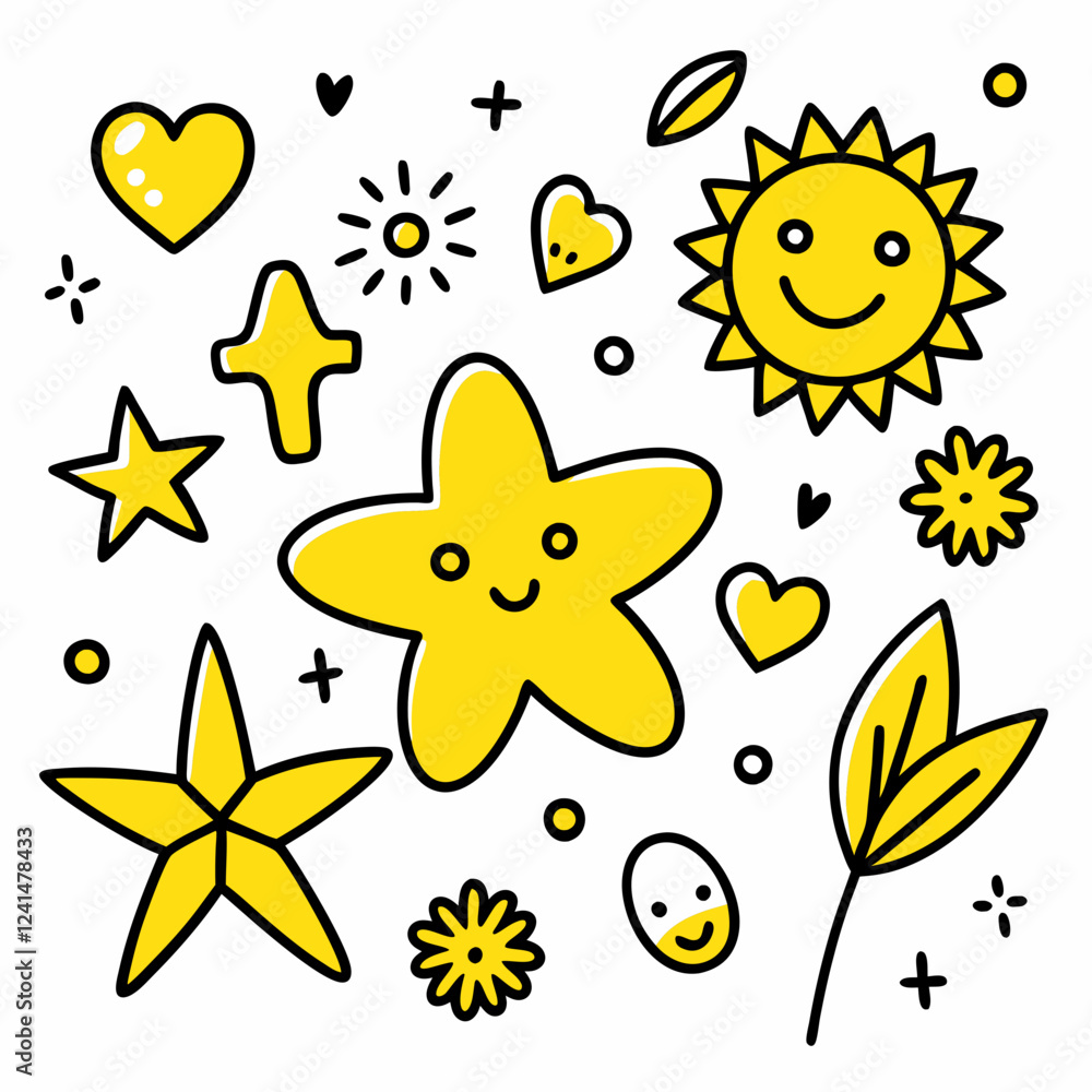 Fototapeta premium Hand-Drawn Doodles with Yellow Stars, Hearts, and Smiley Faces in Playful Sketchy Style