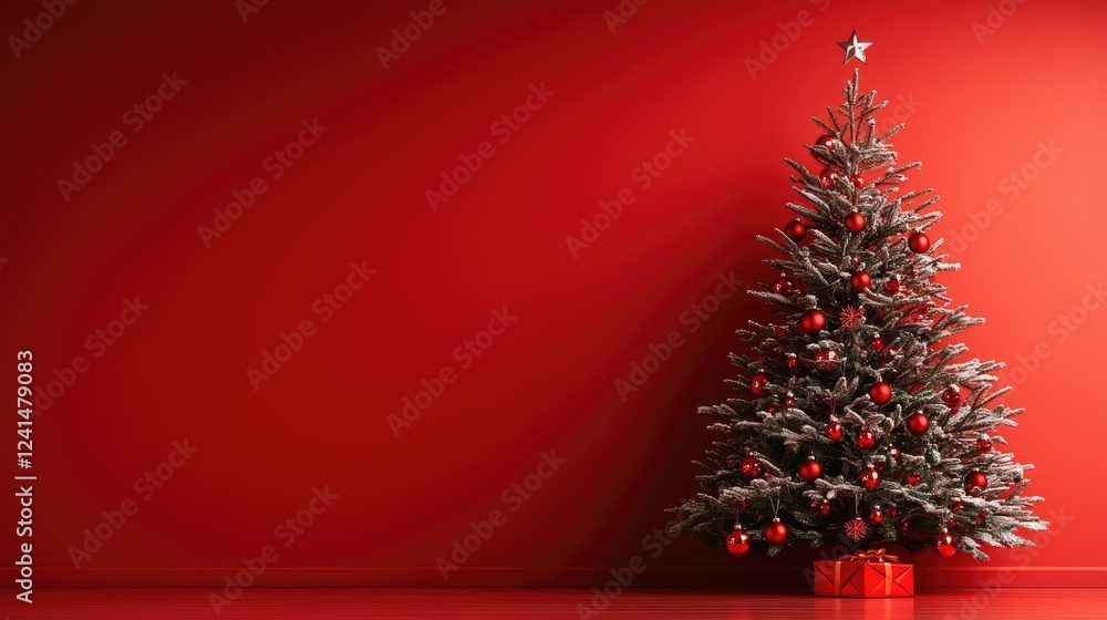 Red room, snowy Christmas tree, gift, holiday background Red room, snowy Christmas tree, gift, holiday background