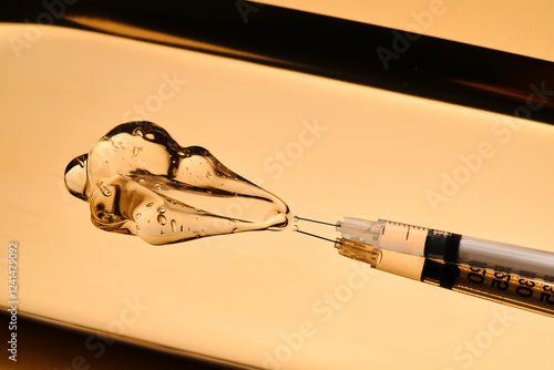 A drop of gel pours from a syringe for cosmetic procedures.
