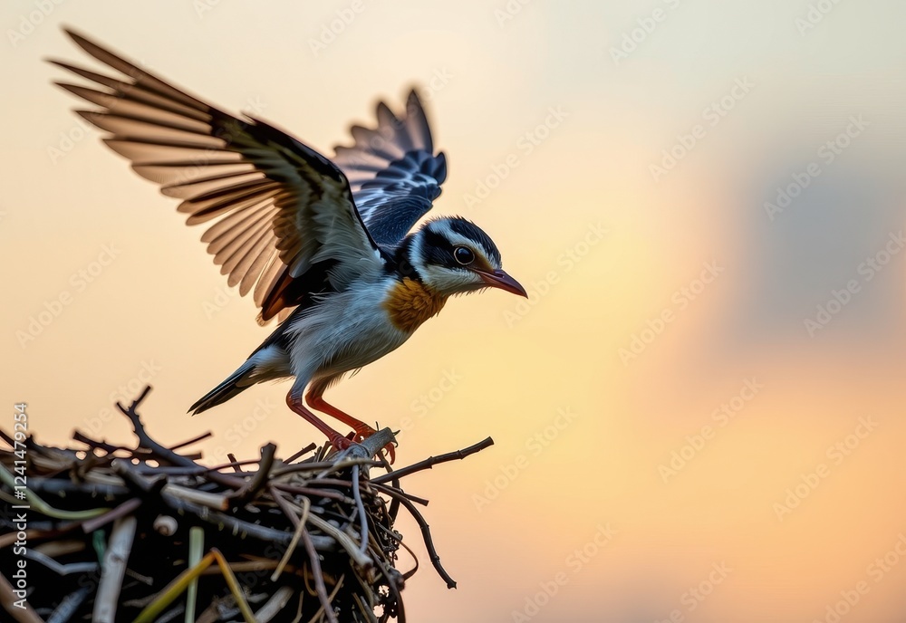 Fototapeta premium A baby bird perched on the edge of its nest, ready to take its first flight, symbolizing hope, new beginnings, and courage.