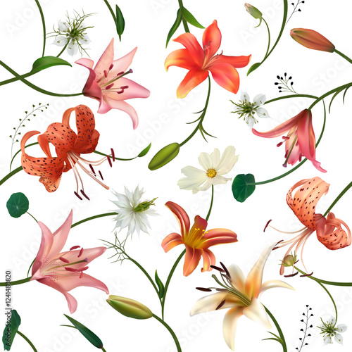 Beautiful seamless pattern of tropical flowers on white background. Orange and tiger lily flowers. Orchids. Buds. Floral illustration. Green leaves.