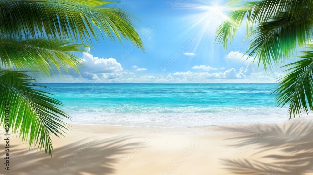 Serene tropical beach with palm leaves and clear blue ocean under sunlit sky Serene tropical beach with palm leaves and clear blue ocean under sunlit sky
