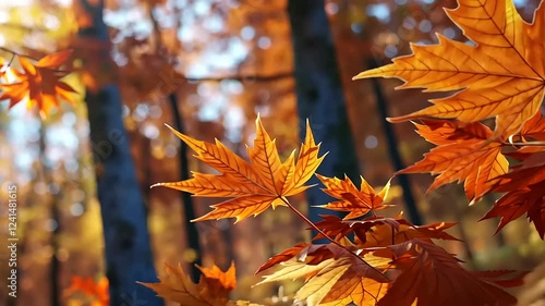 Daun-daun maple merah, oranye, dan kuning jatuh dari cabang pohon selama musim gugur, menciptakan keindahan berwarna-warni di alam photo