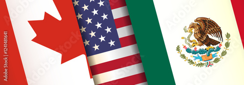  Mexico U.S. Canada flags banner, background. Partnership, trade, economic, border relationship between countries