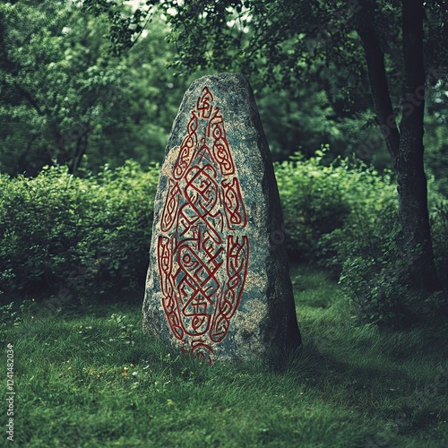 A stone with ancient runes in a vibrant summer park. Enköping, Lake Mälaren, Sweden. Historical landmarks, heritage, history, reenactment, crafts, signs, tradition, Viking age photo