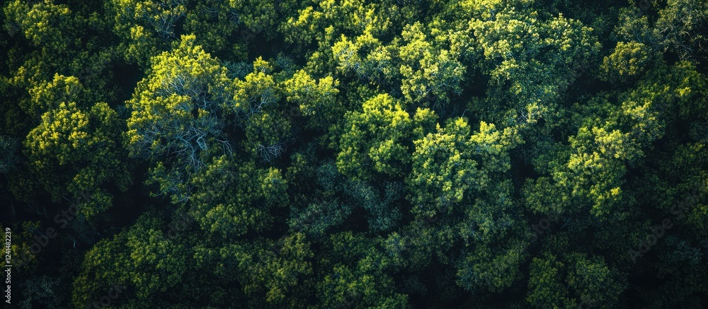 Obraz premium Aerial view Lush green forest canopy, sunlight dappled, nature background