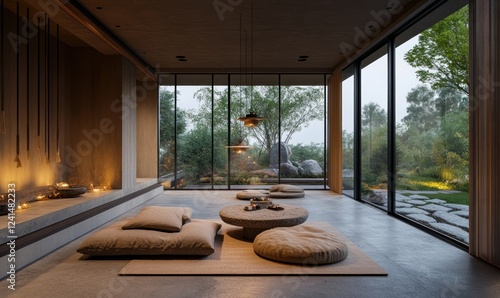 Serene Zen Room Design: Tranquil Interior Space with Natural Light and Japanese Aesthetics photo