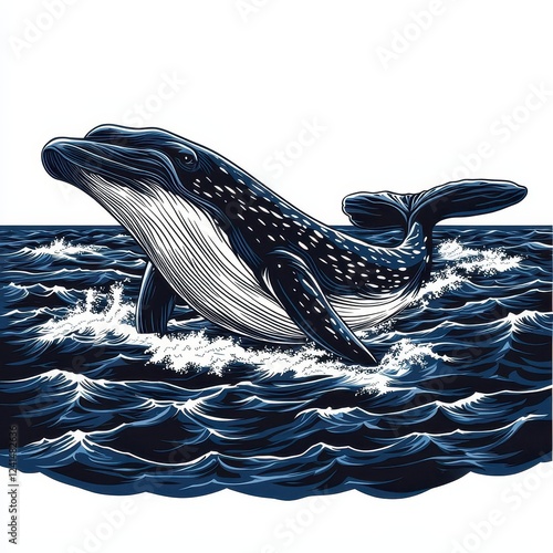 Majestic Whale Leaping Ocean Waves Artistic Illustration Nautical Wildlife Marine Animal photo