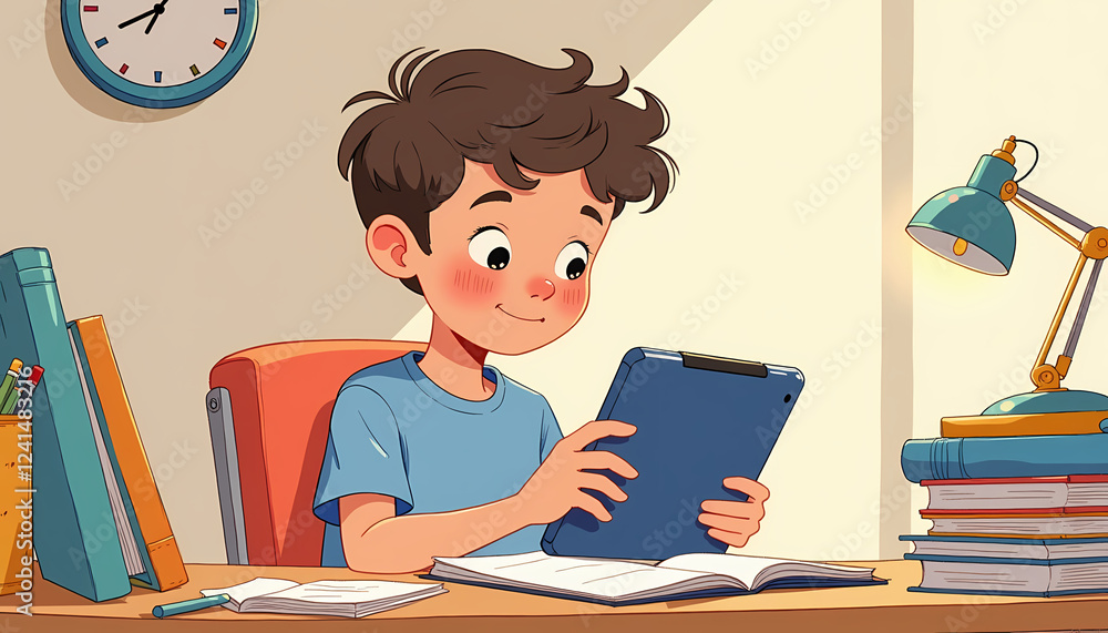 An illustration of a cute cartoon boy showing Good habits. The boy is studying in Desk completing home work in time. An illustration of a cute cartoon boy showing Good habits. The boy is studying in Desk completing home work in time.