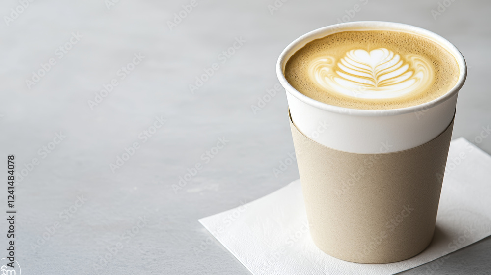 warm cup of coffee with latte art sits on napkin, showcasing minimalist design warm cup of coffee with latte art sits on napkin, showcasing minimalist design