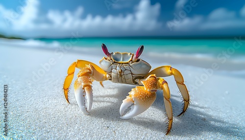 Yellow ghost crab walking on white sandy beach against turquoise ocean water and blue sky with fluffy clouds, tropical wildlife close-up nature photography. photo