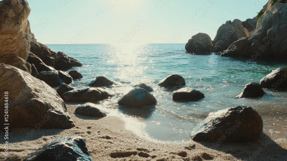 Rocky seashore with sunlit waves in serene morning light Rocky seashore with sunlit waves in serene morning light
