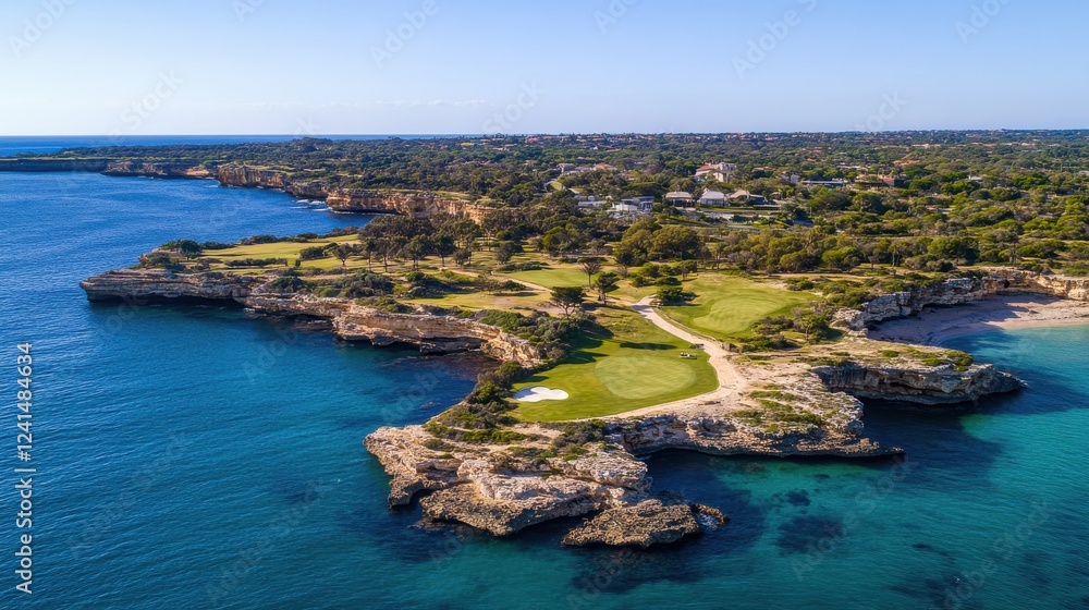 Obraz premium Aerial View of Scenic Golf Course by the Ocean Shoreline