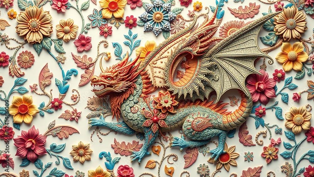 Obraz premium Mythical Tapestry: Etched Creatures on Floral Canvas