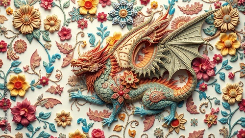 Wallpaper Mural Mythical Tapestry: Etched Creatures on Floral Canvas Torontodigital.ca