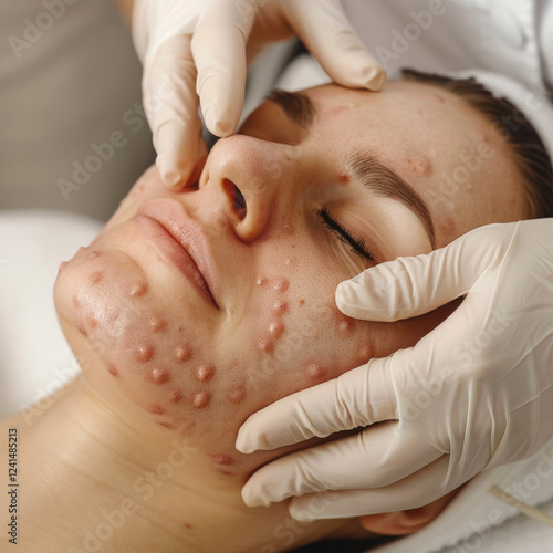 Professional cleansing of acne in a beauty salon.