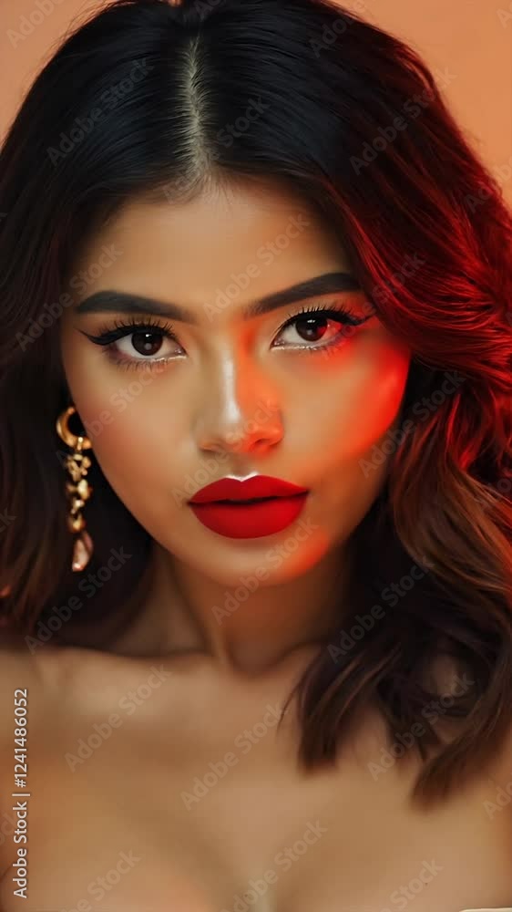 Striking beauty shot of a confident woman with defined features, vibrant red lips, and gold earrings, set against a glowing orange backdrop. Vertical video made using Generative AI. Striking beauty shot of a confident woman with defined features, vibrant red lips, and gold earrings, set against a glowing orange backdrop. Vertical video made using Generative AI.
