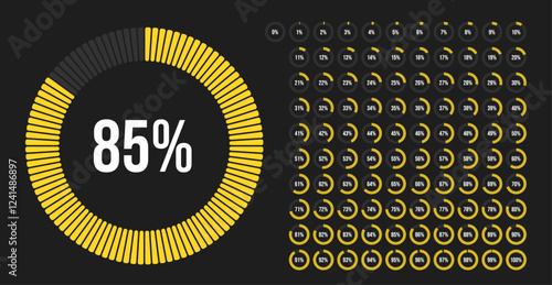 Circle percentage progress pie chart diagram infographic from 0 to 100 percent with yellow indicator. Loading indicator, progress bar, downloading uploading, percentage meter. For UI, apps and web.