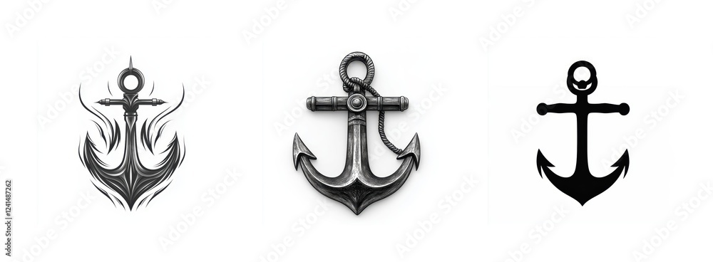 Three Anchor Designs Tribal Tattoo Style Realistic Metal and Simple Silhouette Three Anchor Designs Tribal Tattoo Style Realistic Metal and Simple Silhouette