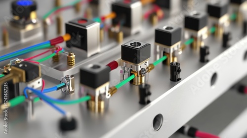 Closeup image focusing on the connection interfaces of the electrochemical system revealing meticulously labeled ports for various electrodes and sensors. Each connector is surrounded