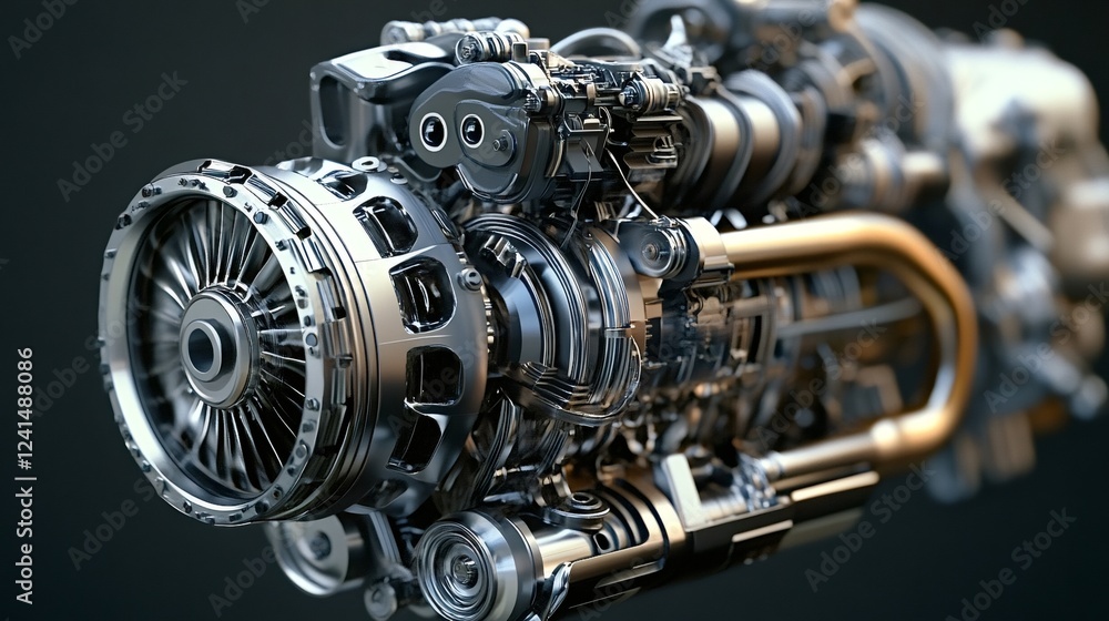 Fototapeta premium Detailed view of a high-performance engine showcasing complex mechanical components and advanced engineering. The metallic structure highlights precision in automotive technology