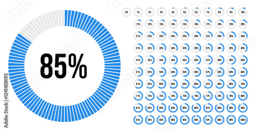 Circle percentage progress pie chart diagram infographic from 0 to 100 percent with blue indicator. Loading indicator, progress bar, downloading uploading, percentage meter. For UI, apps and web.