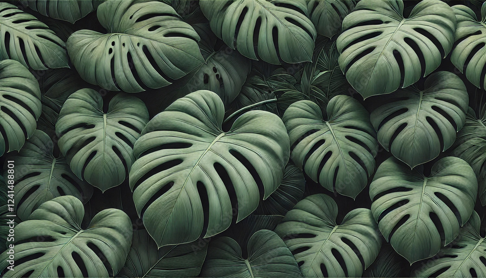 Lush Monstera Leaf Pattern with Dark Tropical Background Lush Monstera Leaf Pattern with Dark Tropical Background
