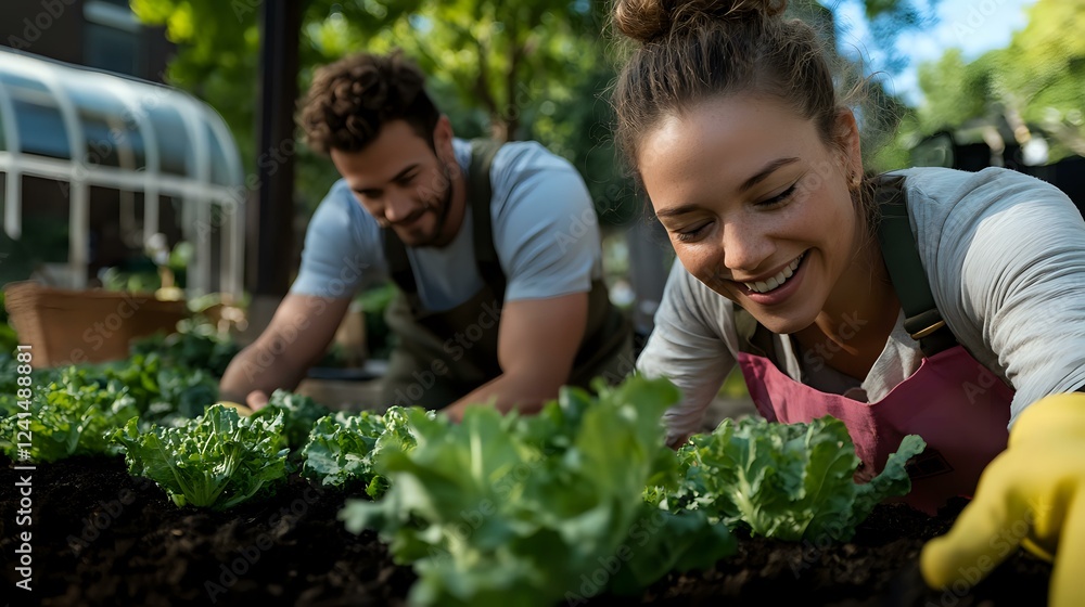Young diverse couple working together in vegetable garden, planting lettuce seedlings while wearing aprons and gardening gloves on sunny spring day. Young diverse couple working together in vegetable garden, planting lettuce seedlings while wearing aprons and gardening gloves on sunny spring day.