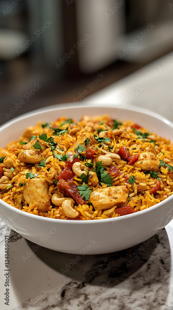 An Indian biryani with fragrant basmati rice, spiced chicken, and saffron, symbolizing the rich culinary heritage of India. An Indian biryani with fragrant basmati rice, spiced chicken, and saffron, symbolizing the rich culinary heritage of India.