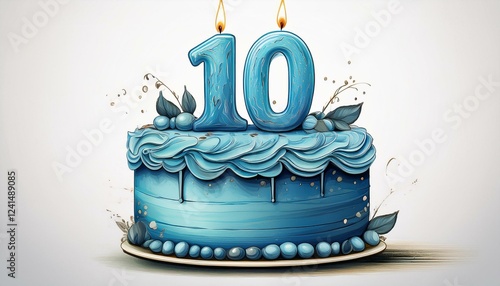 Illustration of decorated blue cake for birthday or anniversary party. Number 10, tenth birthday celebration photo