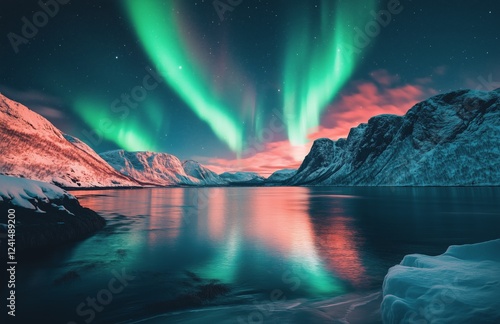 Northern lights illuminate tranquil fjord under starry sky at night