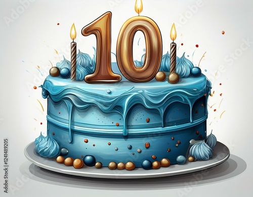 Illustration of decorated blue cake for birthday or anniversary party. Number 10, tenth birthday celebration photo