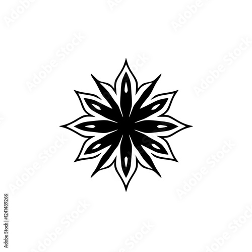 Black and White Mandala Flower: Geometric Floral Pattern Design.  Perfect for spiritual, ethnic, or vintage projects.  High-resolution graphic art.
