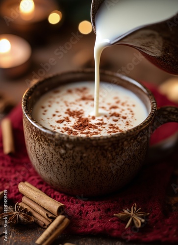 Warm spiced drink preparation with cinnamon and cream in a cozy setting for w...