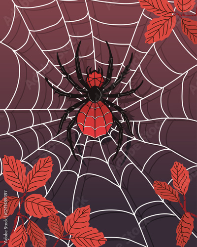 Red spider on a web.Vector illustration with spider, web and red leaves on color background.